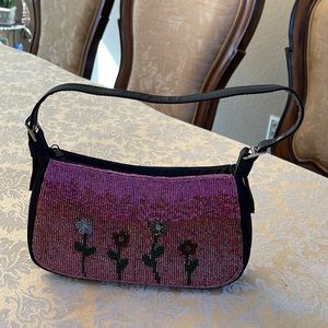 Small fabric bag with cloth floral beaded front panel
